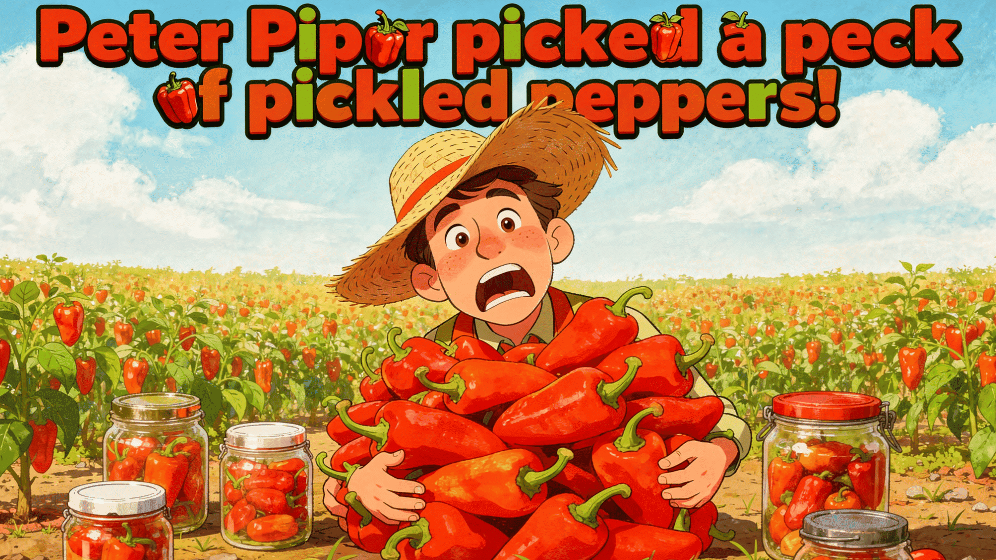 cartoon farmer holding red peppers in field with tongue twister text