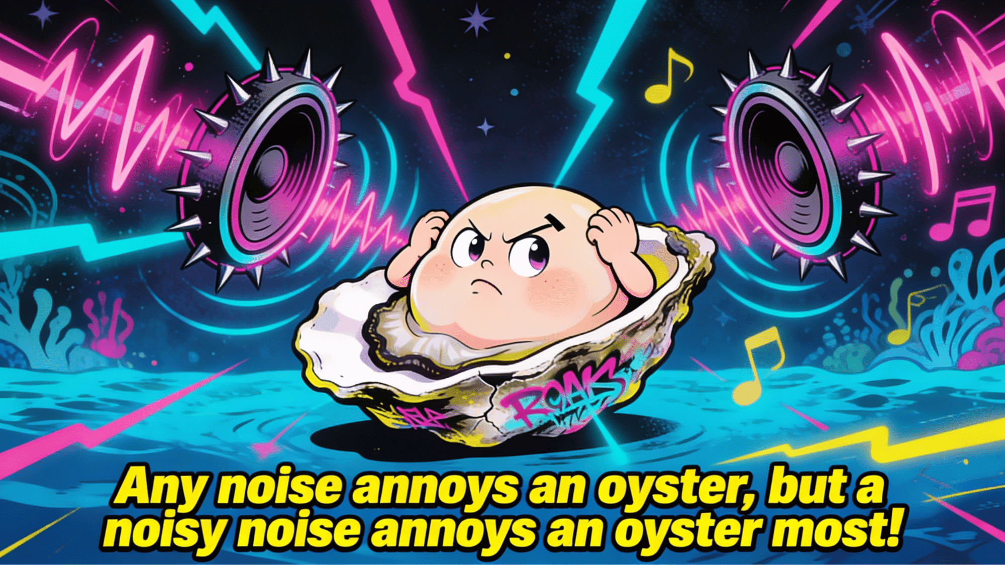 cartoon oyster covering ears from loud speakers with neon music background