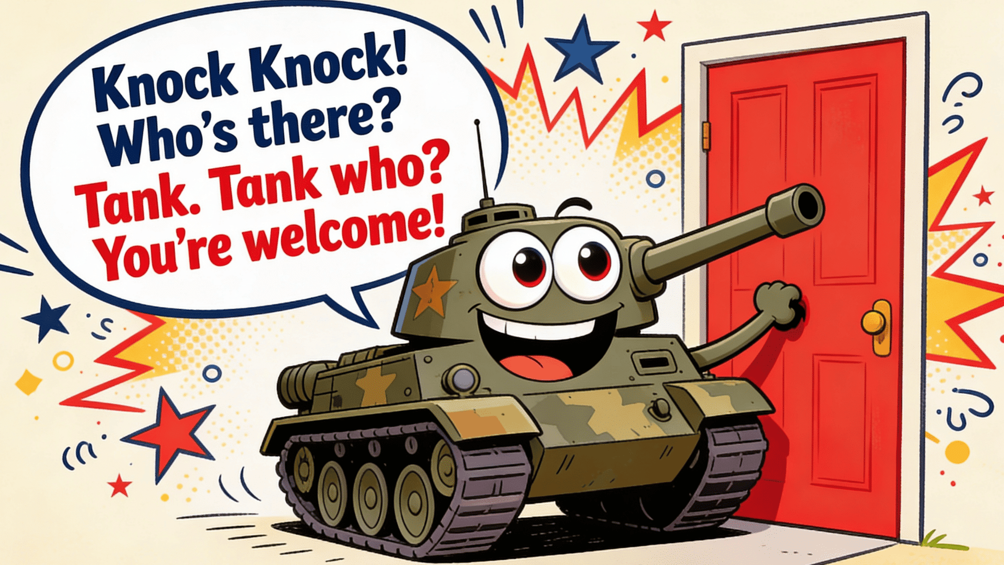 cartoon tank telling funny knock knock joke beside red door with comic style graphics