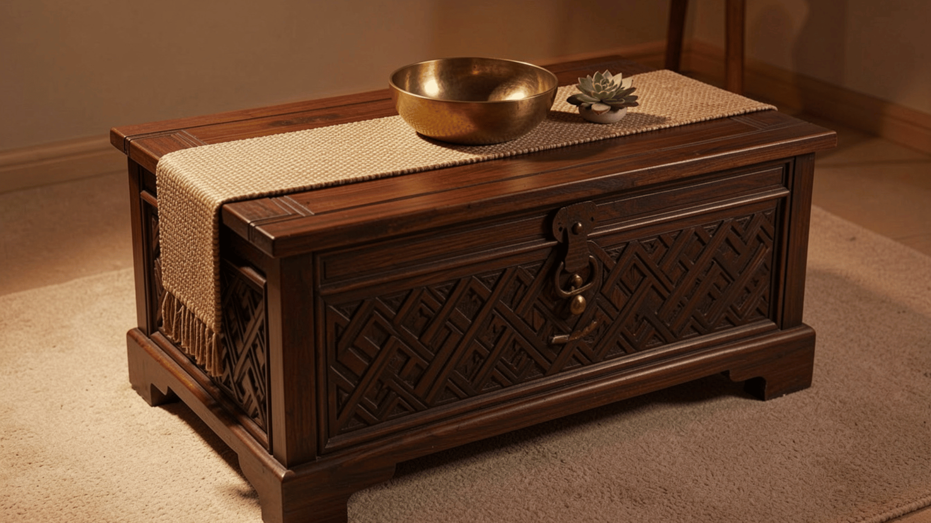 carved wooden storage chest with woven runner brass bowl and warm ambient lighting in cozy room