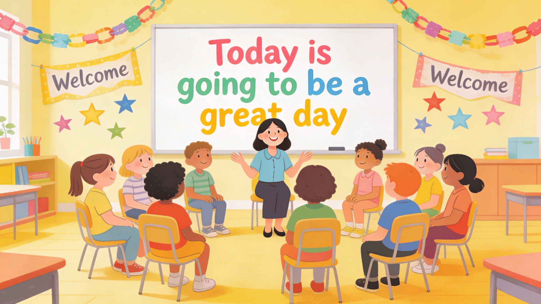 cheerful classroom circle time with teacher and children sharing positive affirmations about having a great day ahead