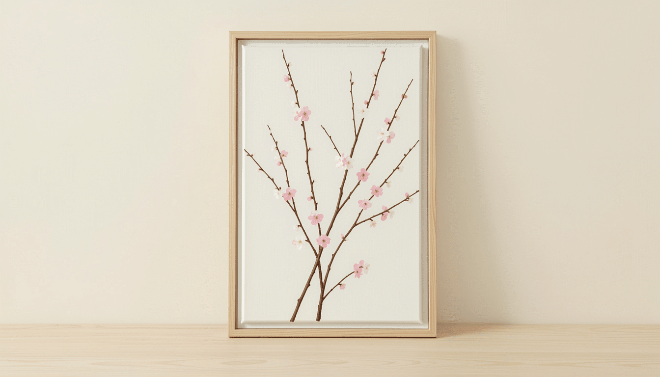 Minimal floral wall art featuring delicate cherry blossoms in a slim wooden frame.