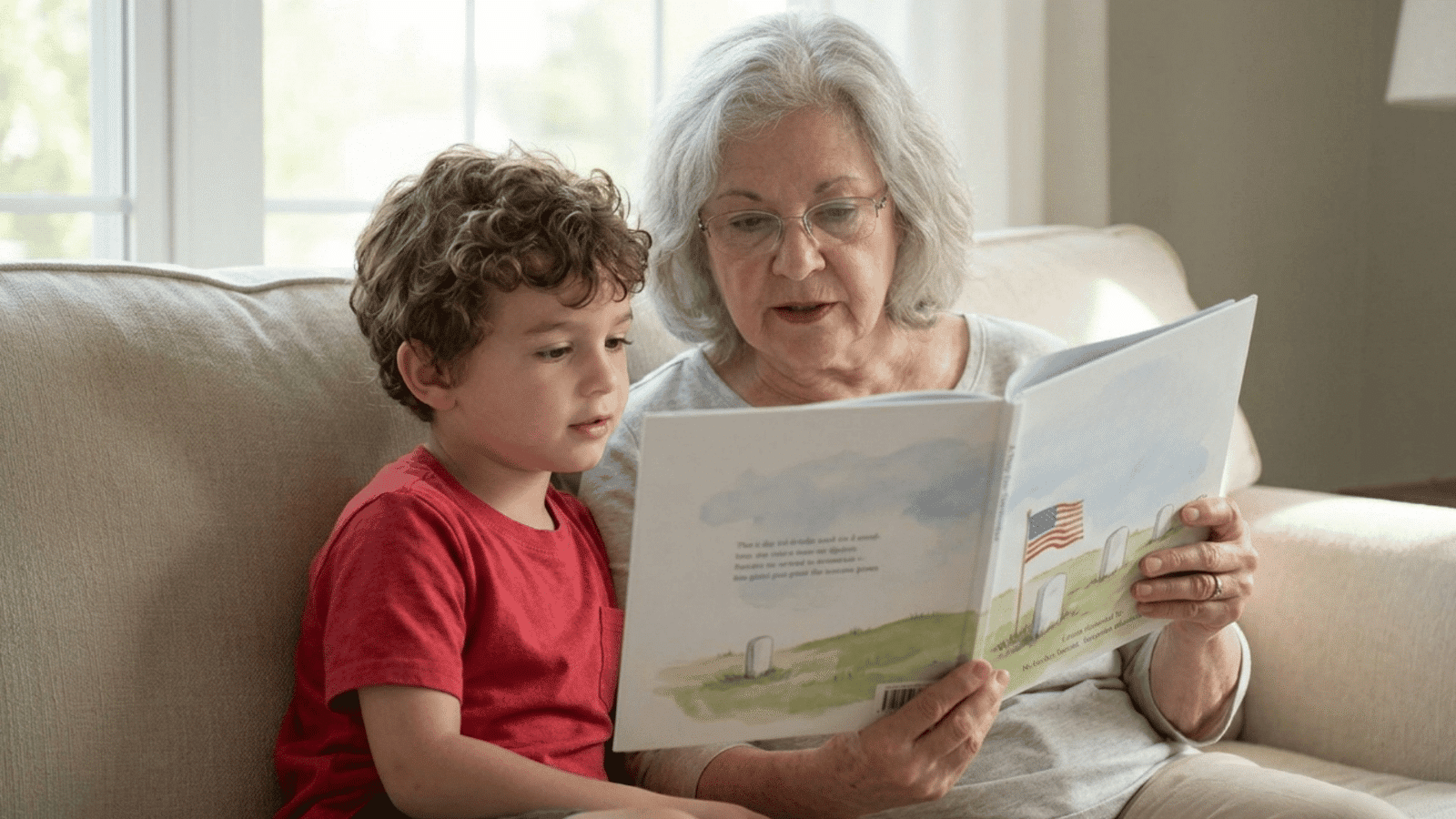 child listening as an elderly woman reads a Memorial Day story book