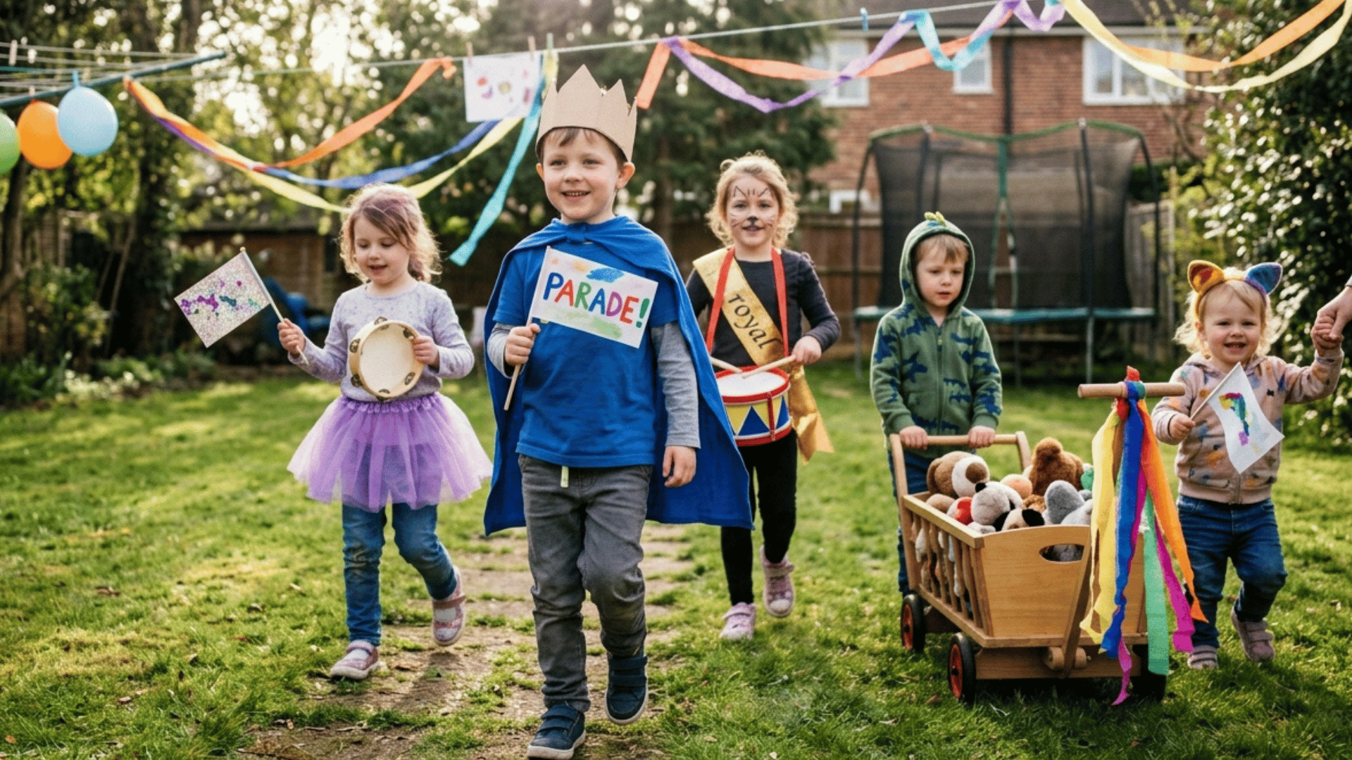 children hosting a mini parade at home with costumes, flags, and decorations.