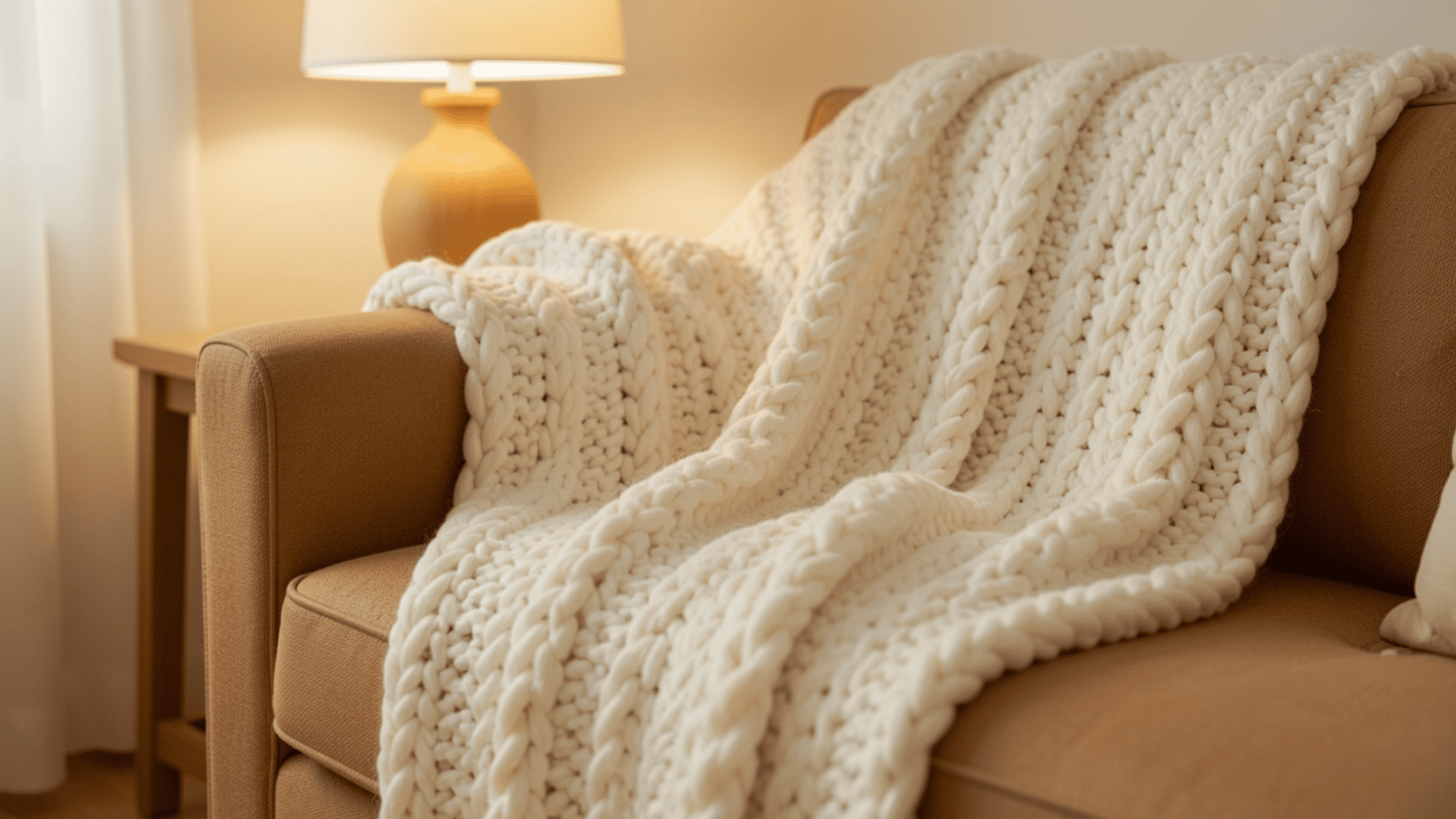 chunky knit cream blanket draped over beige armchair beside warm glowing table lamp indoors