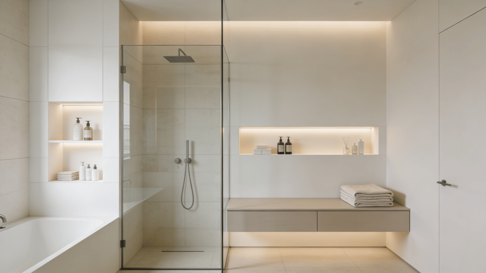 clean luxury bathroom interior with built in shelves hidden lighting glass partition and folded white towels