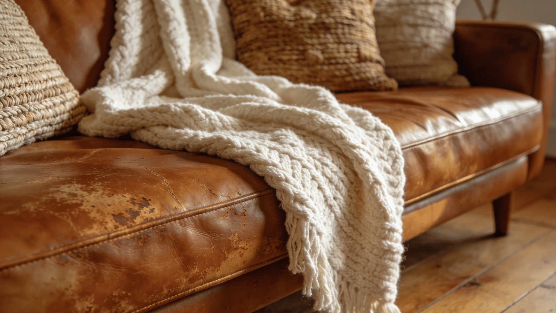close up of brown leather sofa with soft knitted blanket and rustic cozy living room details