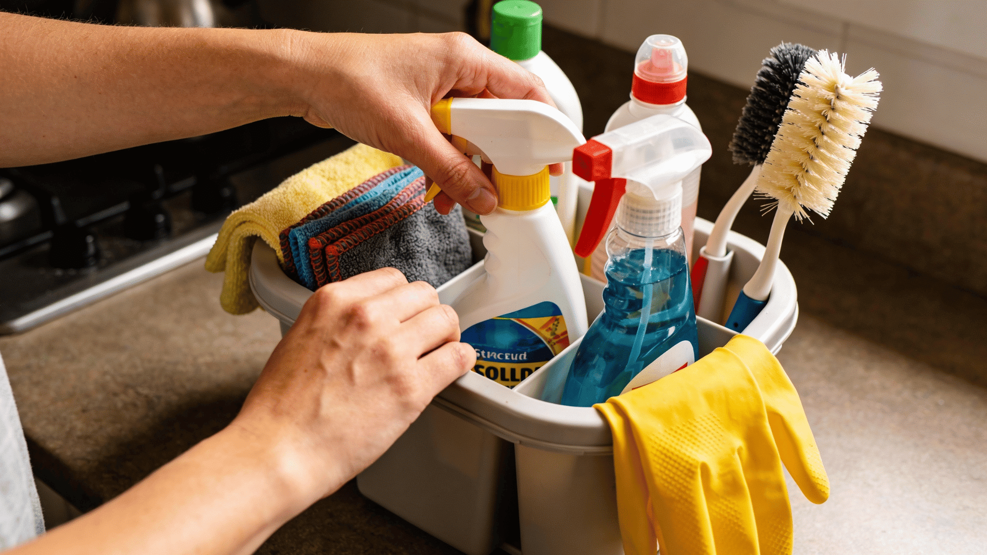 close-up of cleaning supplies with spray bottles, brushes, cloths, and rubber gloves