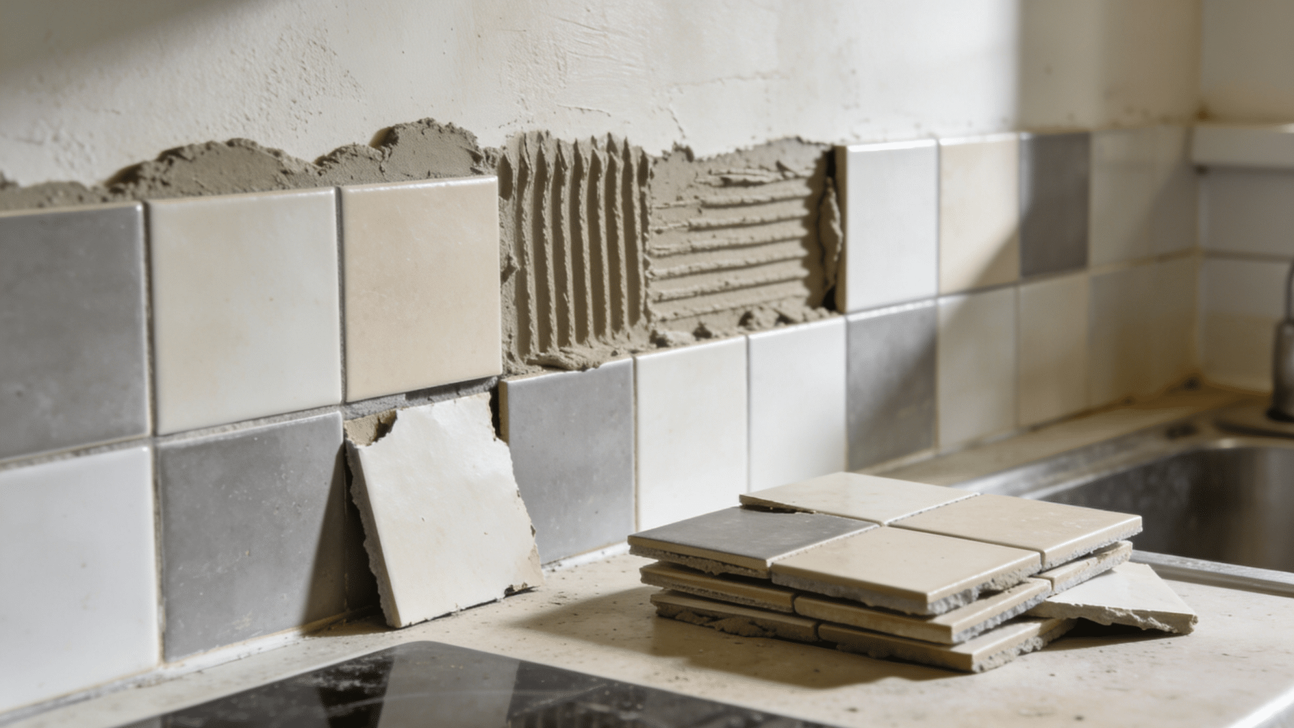 close view of backsplash tile installation with adhesive and stacked tiles during modern kitchen renovation work