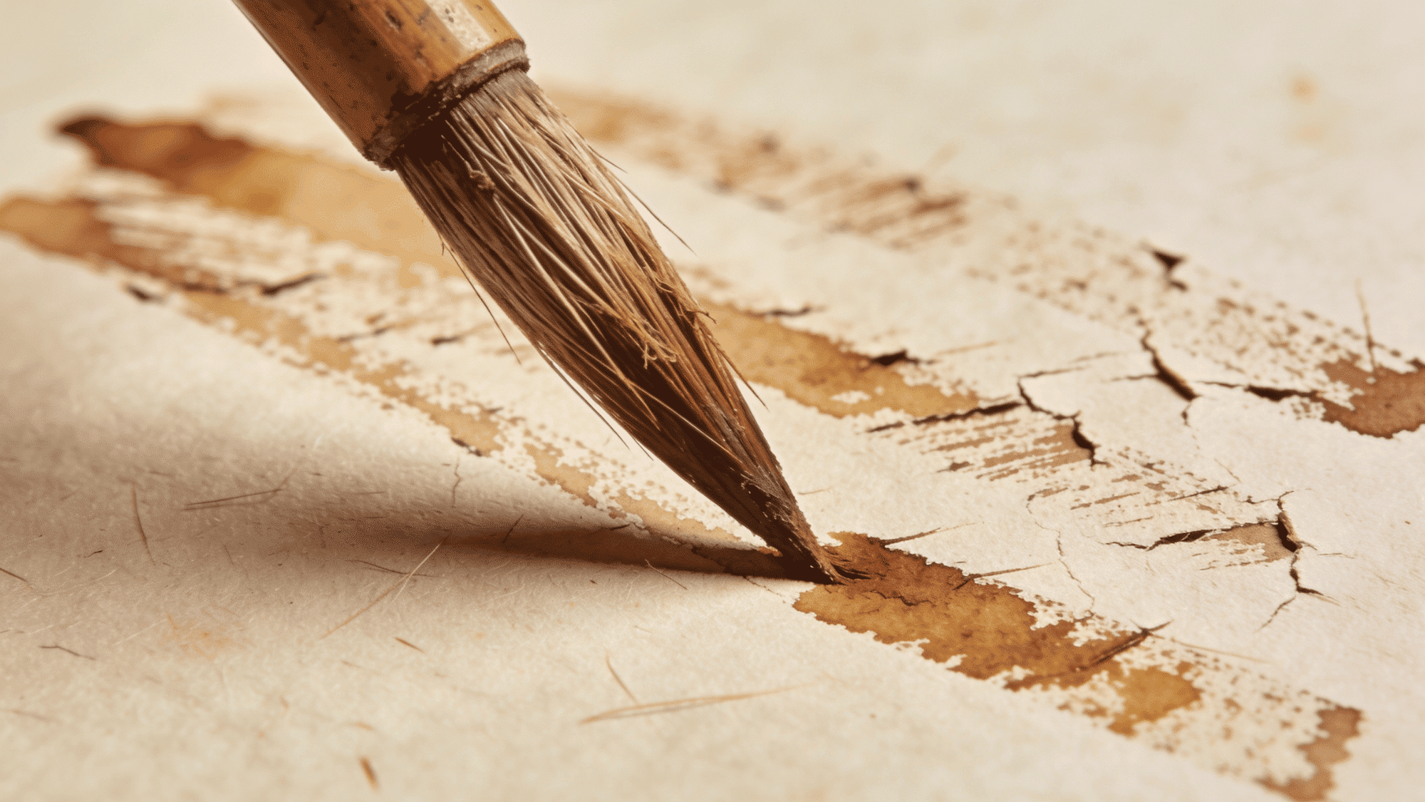 closeup traditional brush applying sepia watercolor texture on handmade paper background