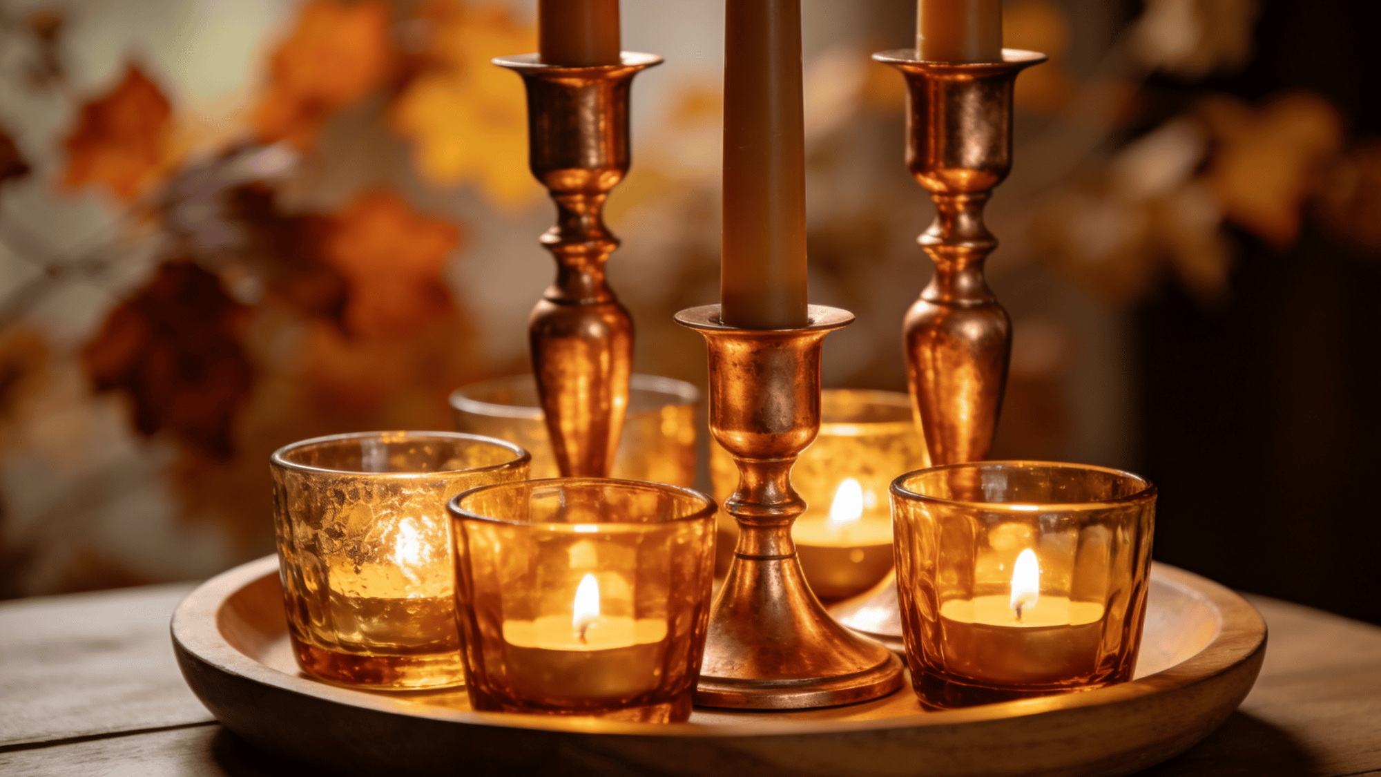 clustered amber glass and bronze candle holders glowing on a wooden tray in a warm fall home settin