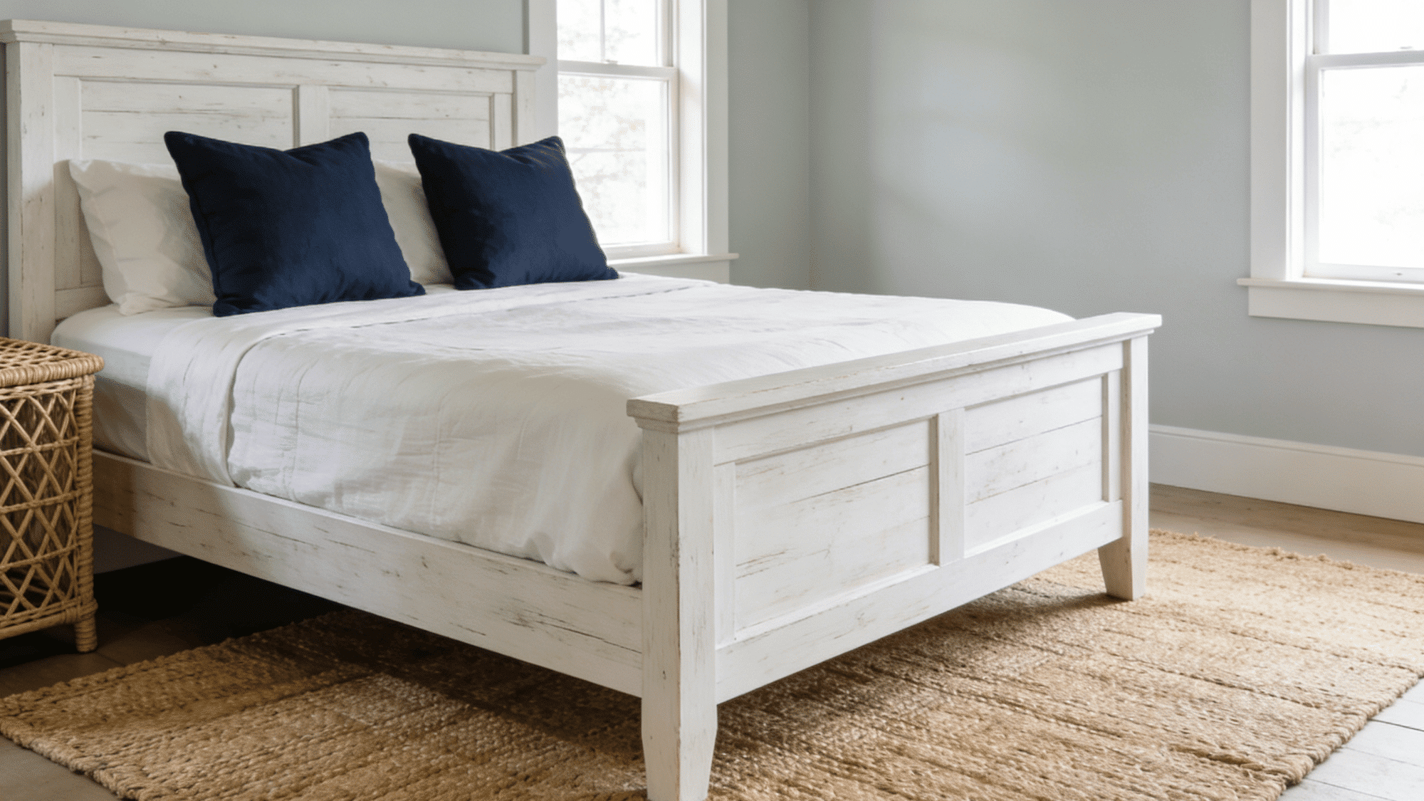 coastal guest bedroom with whitewashed wood, navy accents, woven textures, and a cohesive calm palette