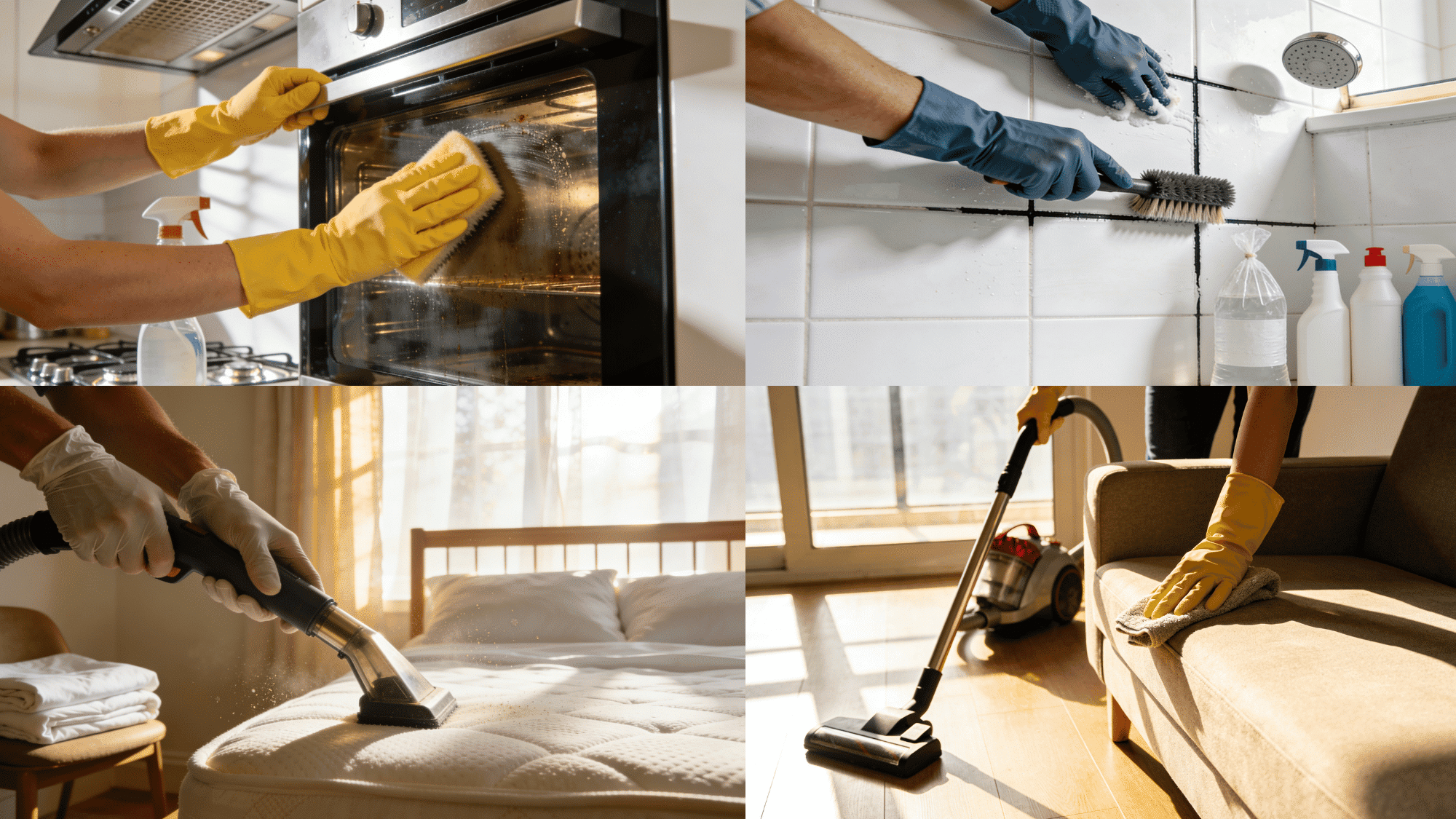 collage of deep cleaning tasks including oven, tiles, mattress, and sofa cleaning (1)