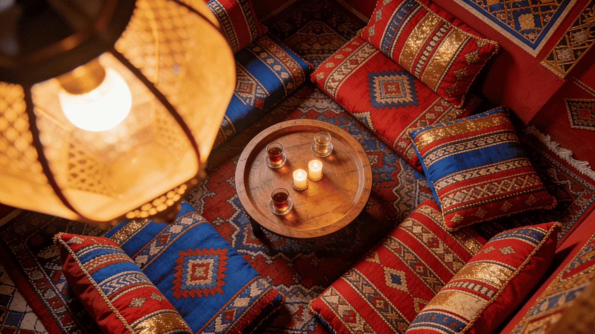 colorful moroccan floor seating with patterned cushions candles tea setup and warm ambient lighting