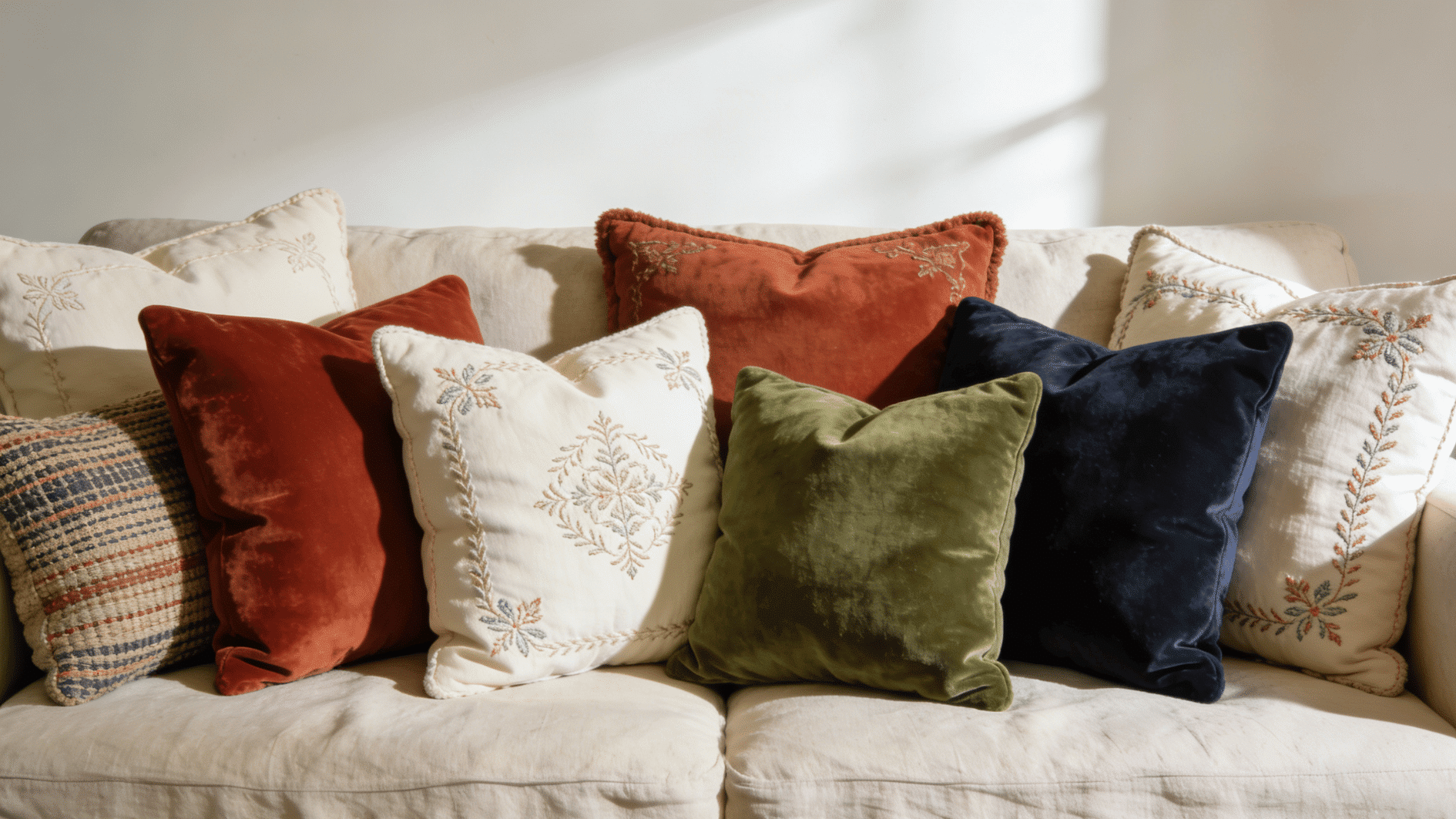 colorful velvet cushions on cream sofa with embroidered details and soft natural sunlight indoors