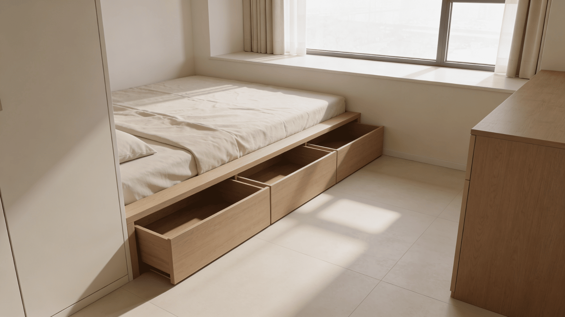 compact bedroom with storage drawers under bed clean white walls and bright natural daylight indoors