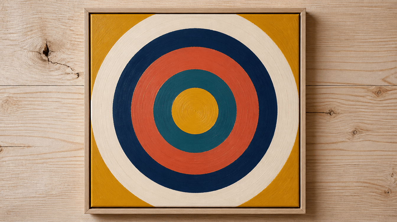 square canvas with bold concentric rings in alternating mustard, teal, terracotta, and navy radiating from the center outward.