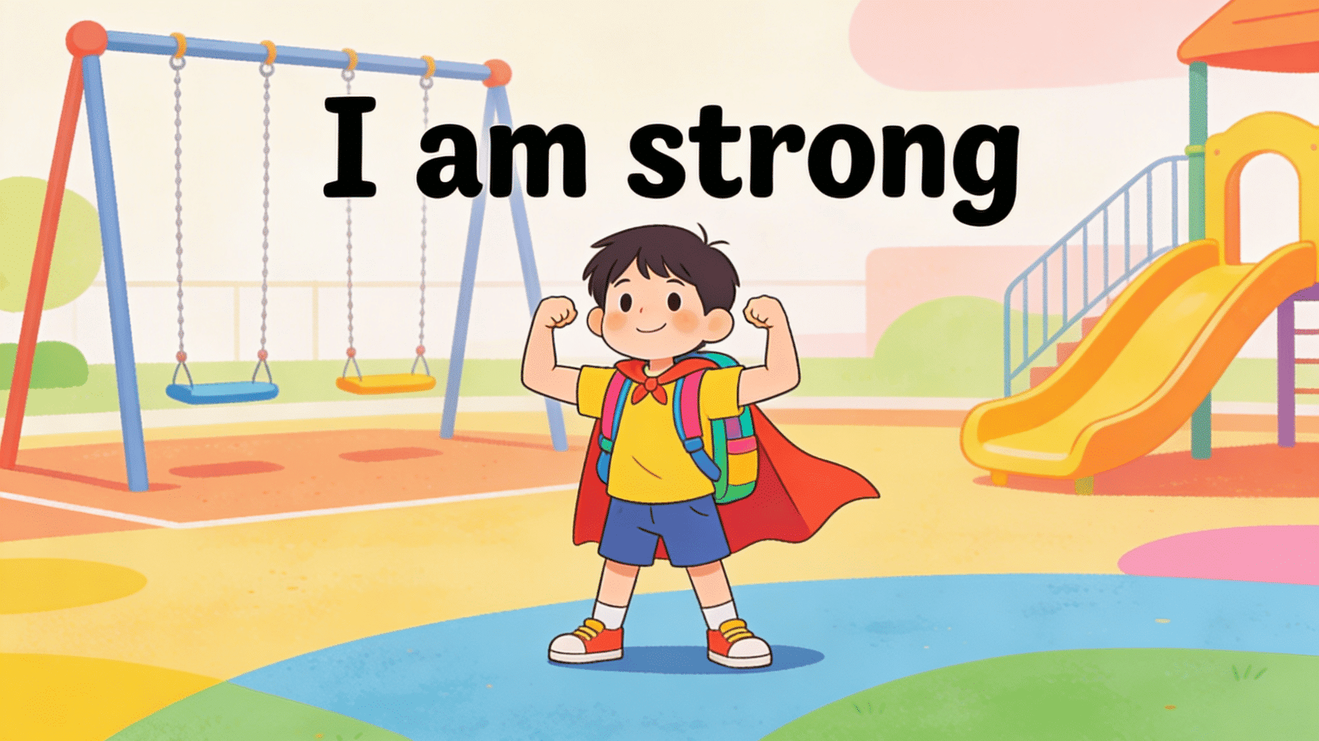 confident young boy in superhero cape at playground with positive self-esteem message about strength and courage