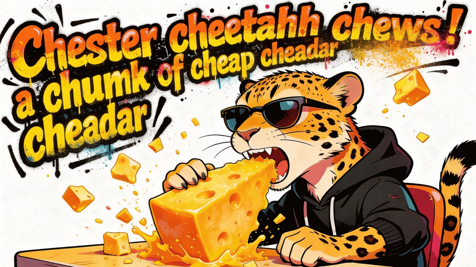 cool cartoon cheetah eating cheese with colorful graffiti background
