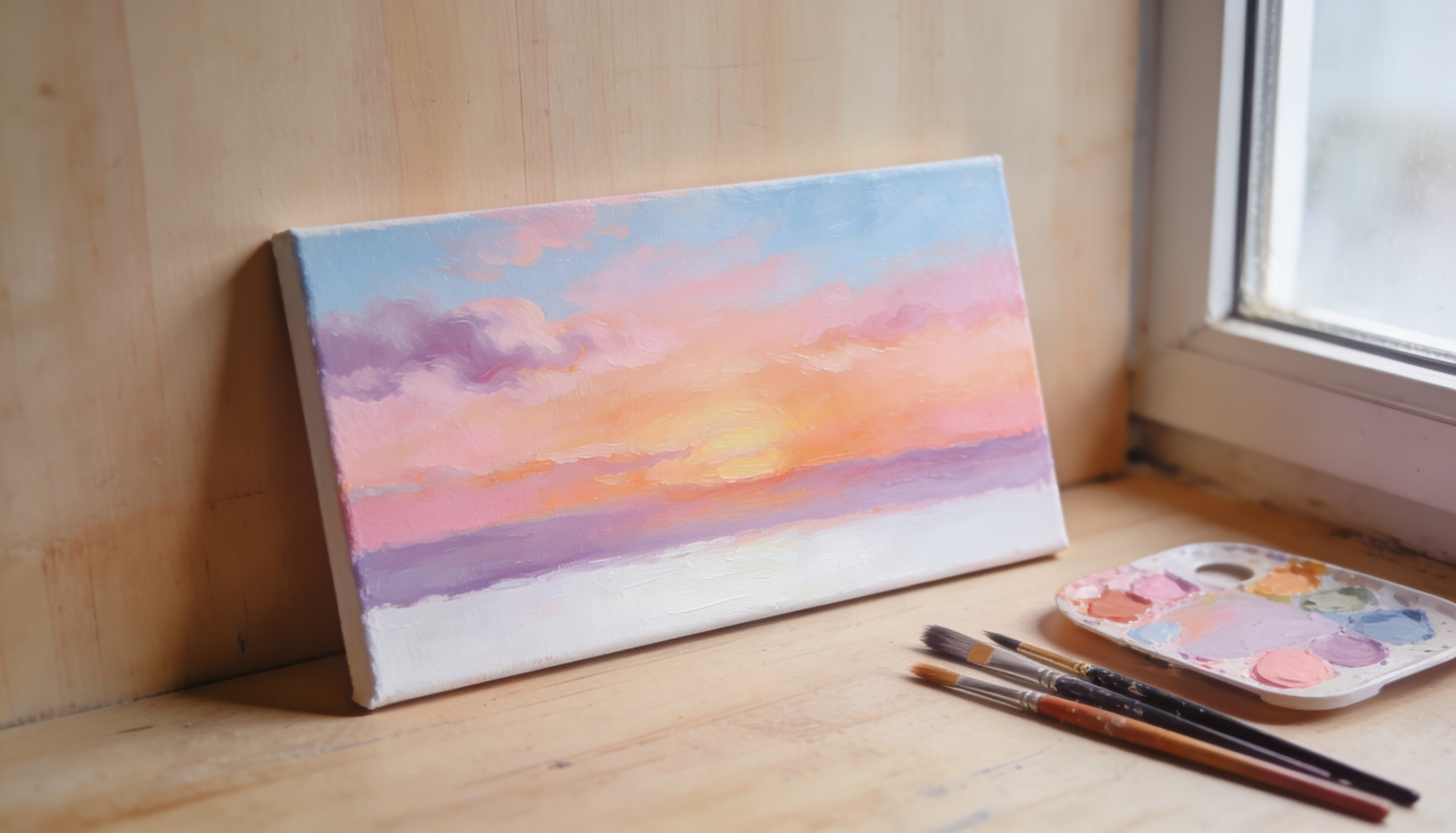 Cotton candy sunset painting on a small canvas beside brushes and a pastel paint palette.