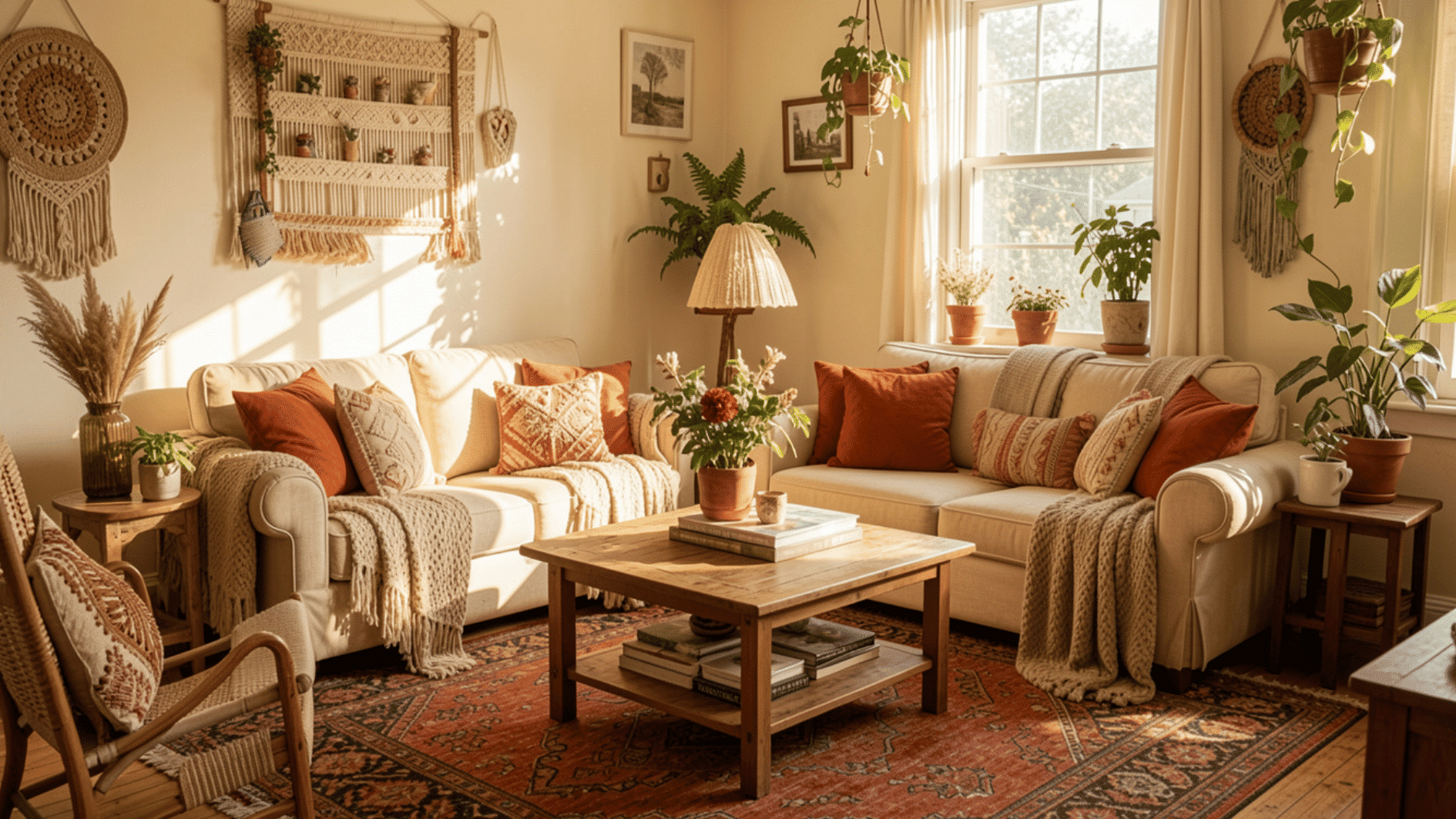 cozy boho living room with cream sofas macrame wall decor warm sunlight indoor plants and patterned rug