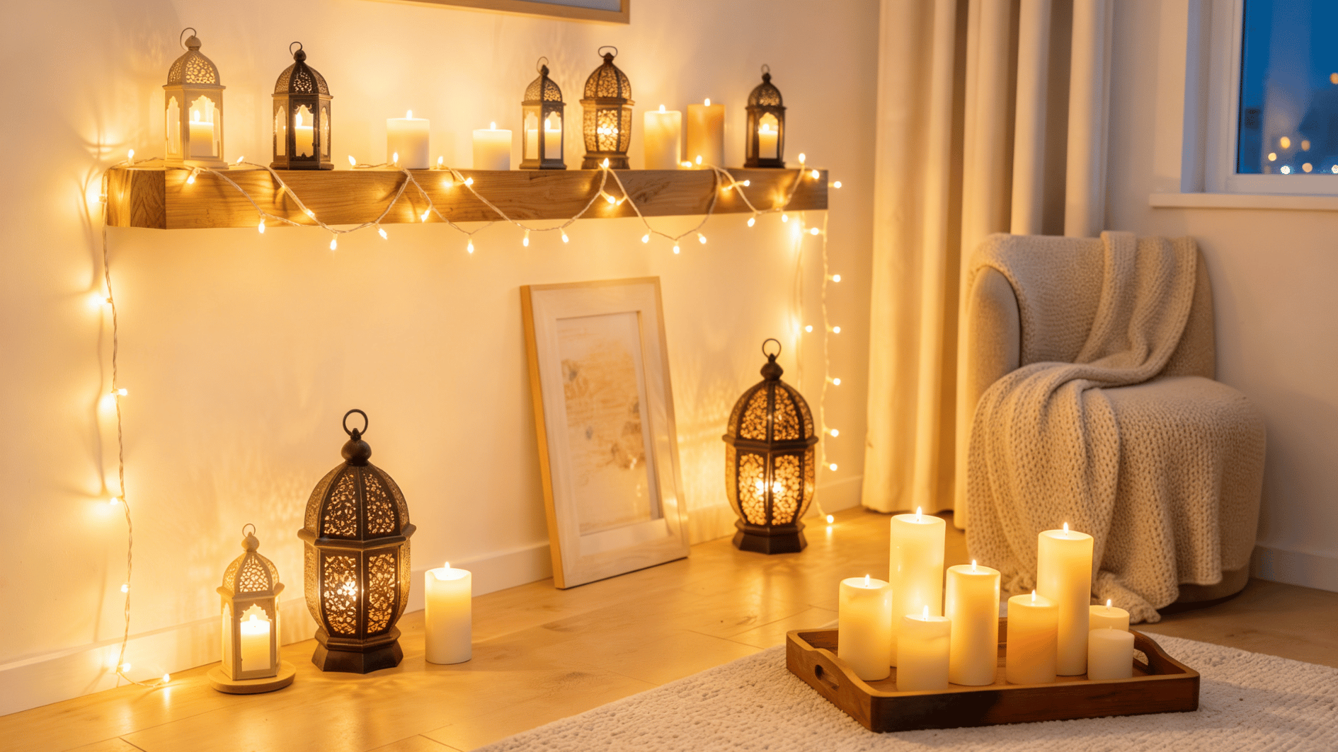 cozy candlelit living room with lanterns fairy lights soft blankets and warm ambient evening glow