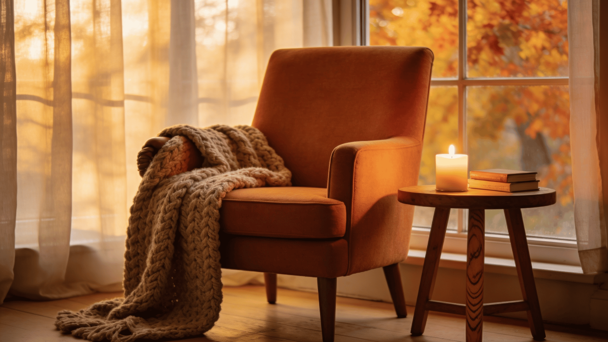 cozy fall reading corner with armchair chunky throw candle and books beside a window with soft light