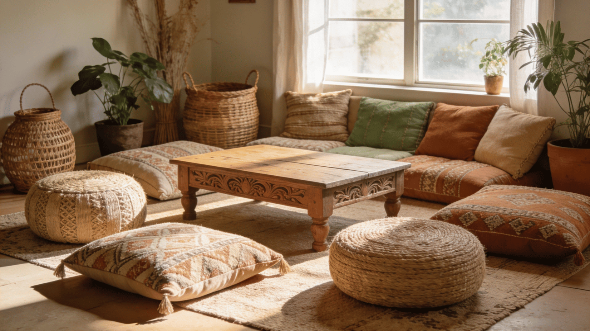 cozy floor seating area with patterned cushions woven poufs wooden table and warm boho decor