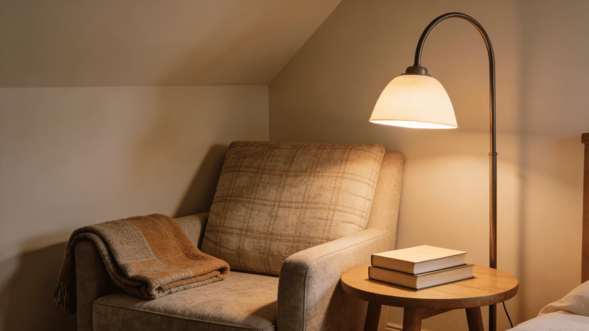 cozy guest bedroom reading nook with a cushioned chair, arc lamp, side table, and folded blanket