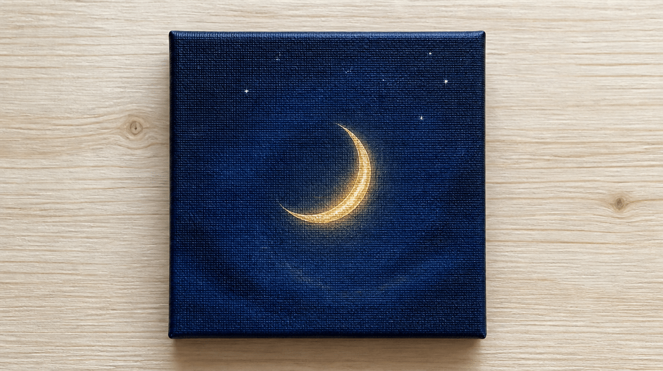 A small square canvas painting of a glowing golden crescent moon on a deep navy blue starry night sky.