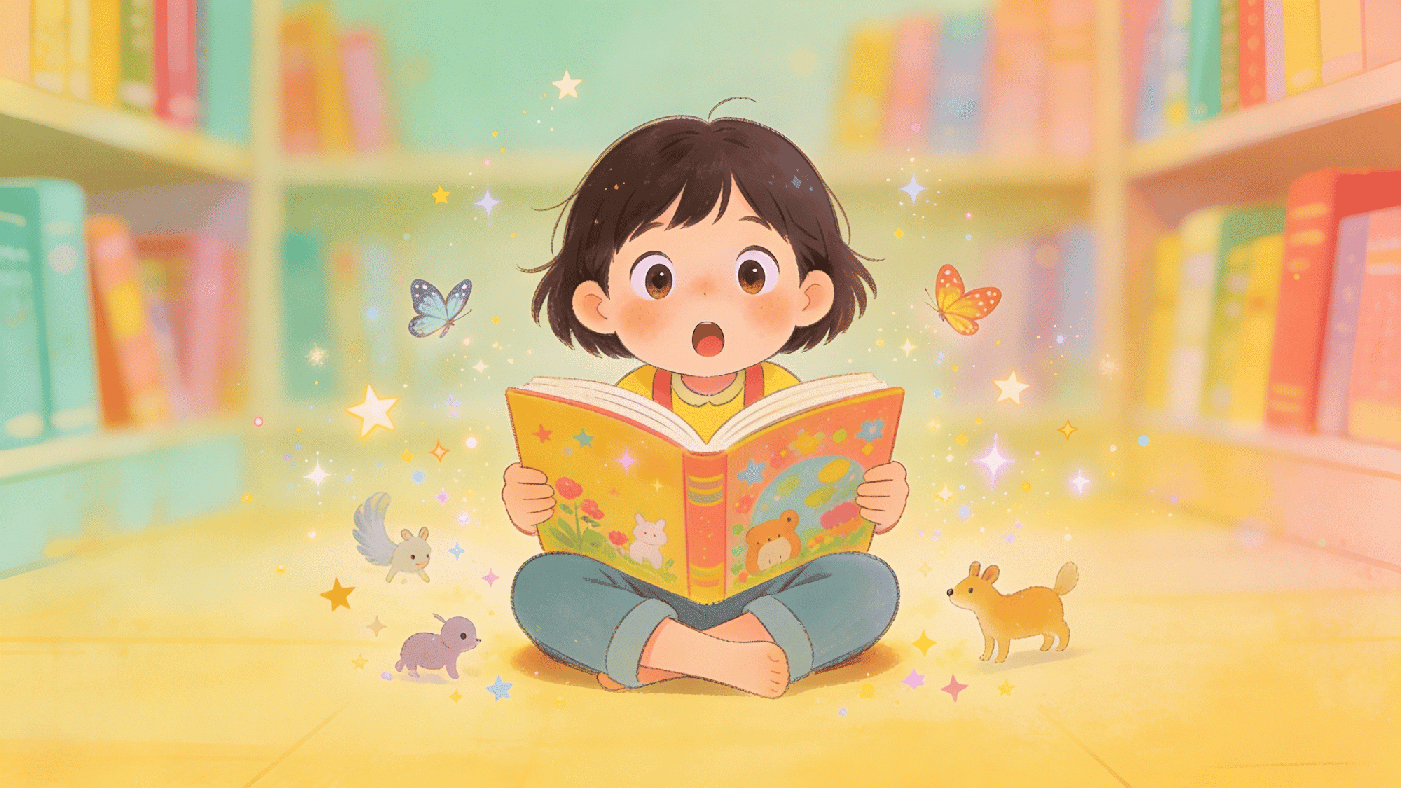 cute child reading book illustration, magical library kids art, pastel storybook nursery wall decor illustration