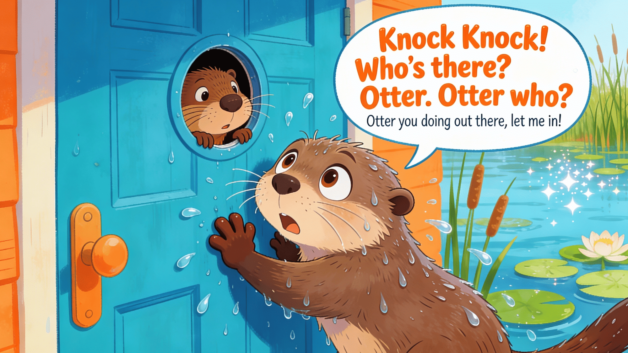 cute otter knock knock joke at blue door beside pond with playful cartoon animals