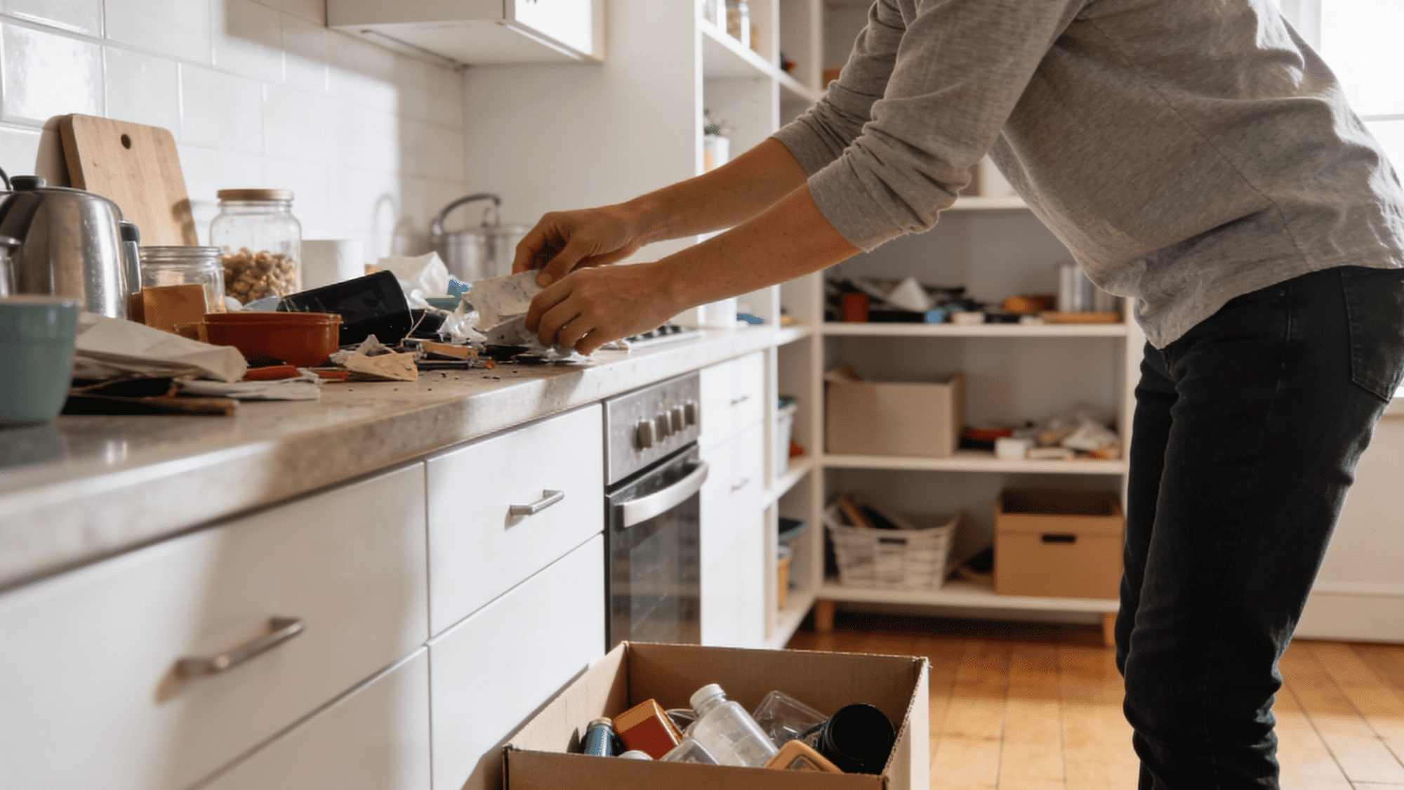 decluttering a messy kitchen countertop and placing trash into a cardboard box