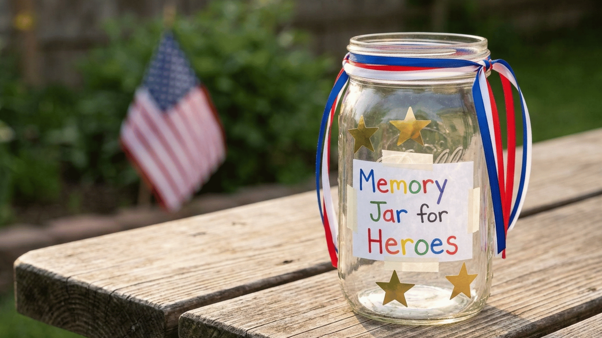 diy memory jar for heroes with patriotic ribbons and label on a wooden table outdoors.