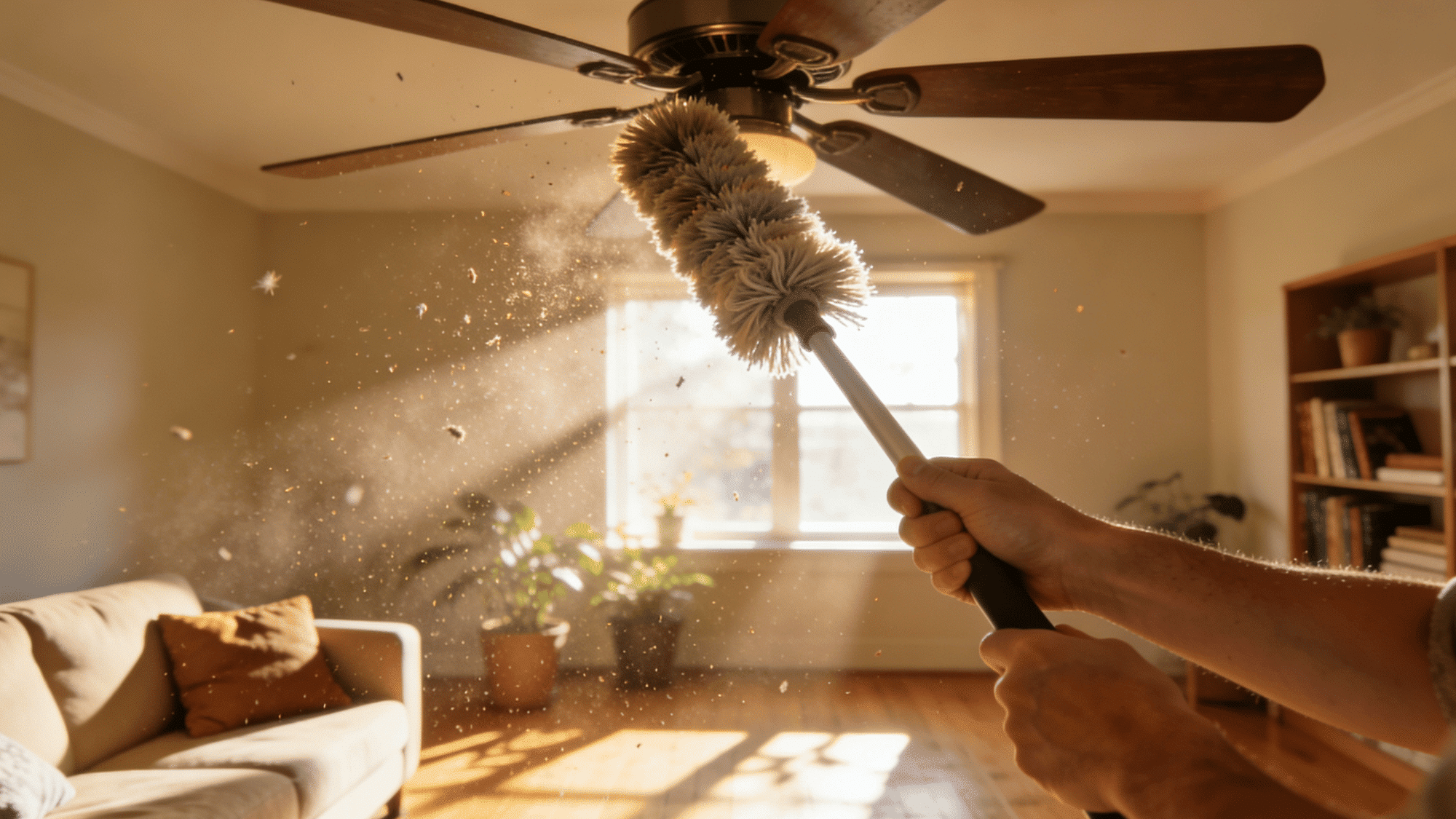 dusting a ceiling fan with a microfiber duster as dust floats in sunlight indoors