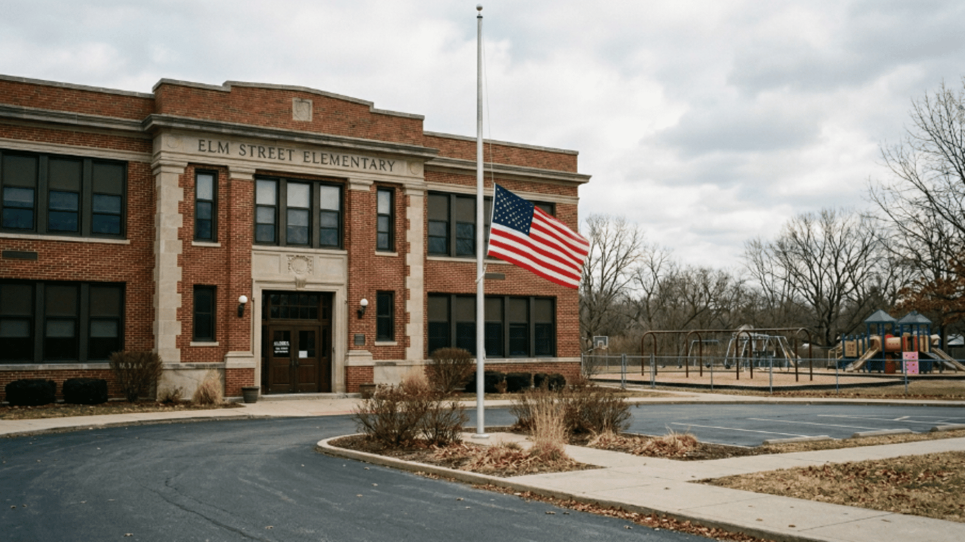 elementary school building with American flag outside, empty grounds showing Memorial Day school closure and holiday setting