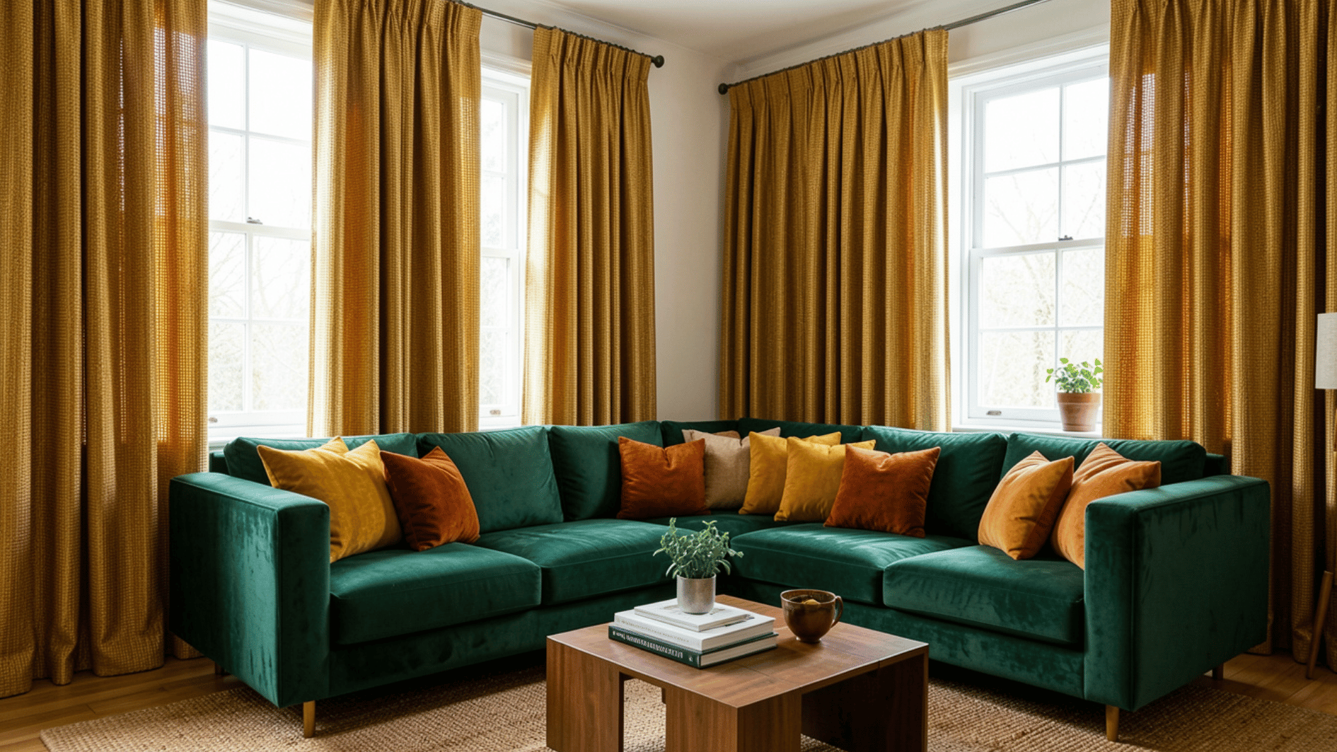 emerald green sectional sofa with mustard curtains colorful cushions and warm modern living room decor