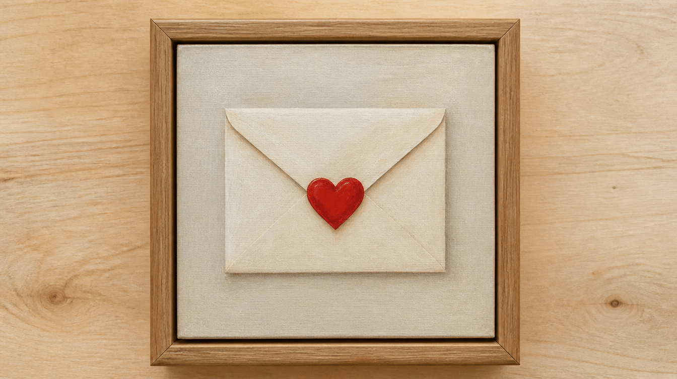 envelope with gentle shadowing and a tiny bold red heart seal centered on the flap.