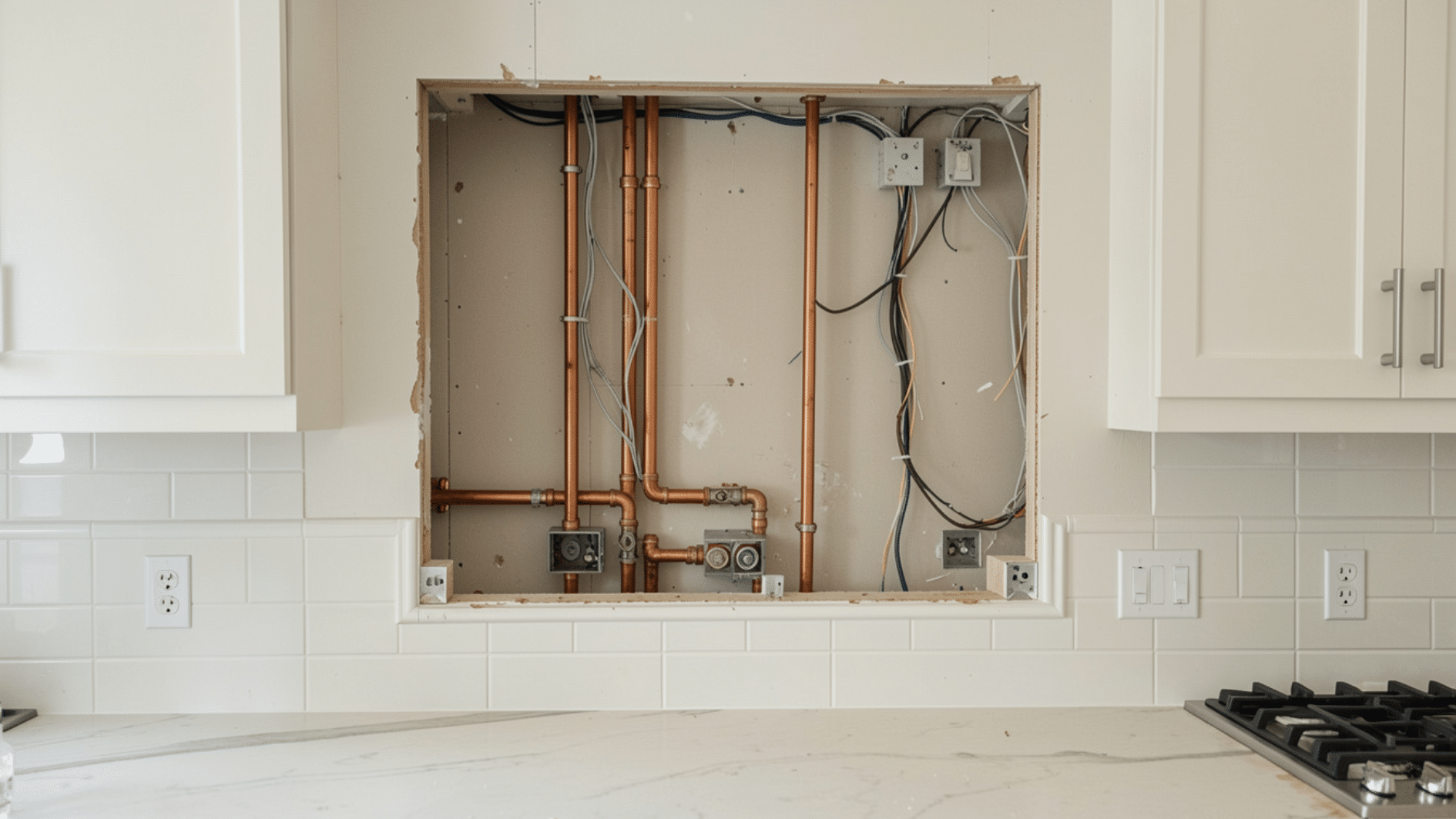 exposed plumbing and electrical wiring inside kitchen wall during remodeling and cabinet installation project