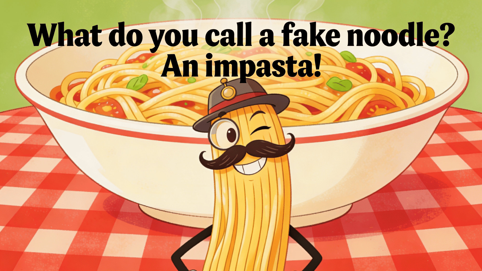 fake noodle impasta joke with funny spaghetti character and pasta bowl