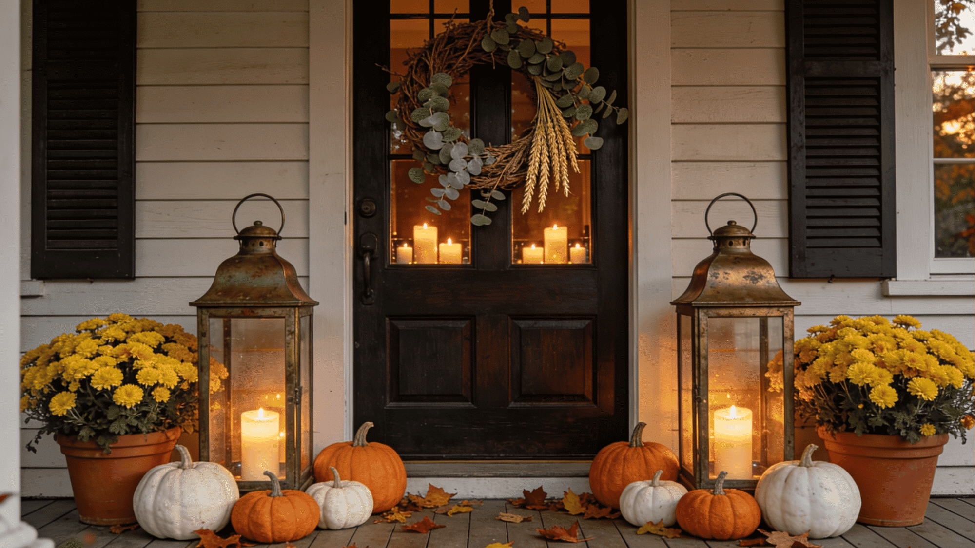 fall decorated front porch with bronze lanterns pumpkins mums and dried botanical wreath on dark wooden door