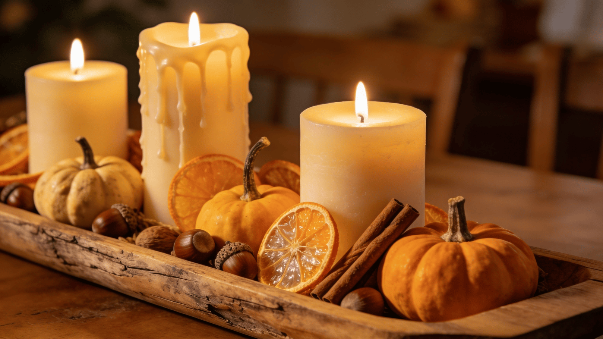 fall dining table centerpiece with gourds mini pumpkins pillar candles and dried orange slices on wooden tray