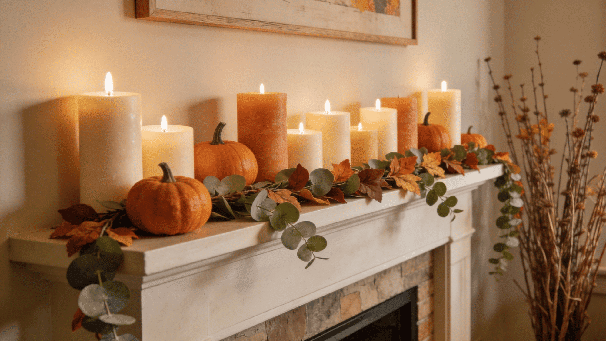 fall fireplace mantle styled with pillar candles pumpkins eucalyptus garland and dried stems in warm light
