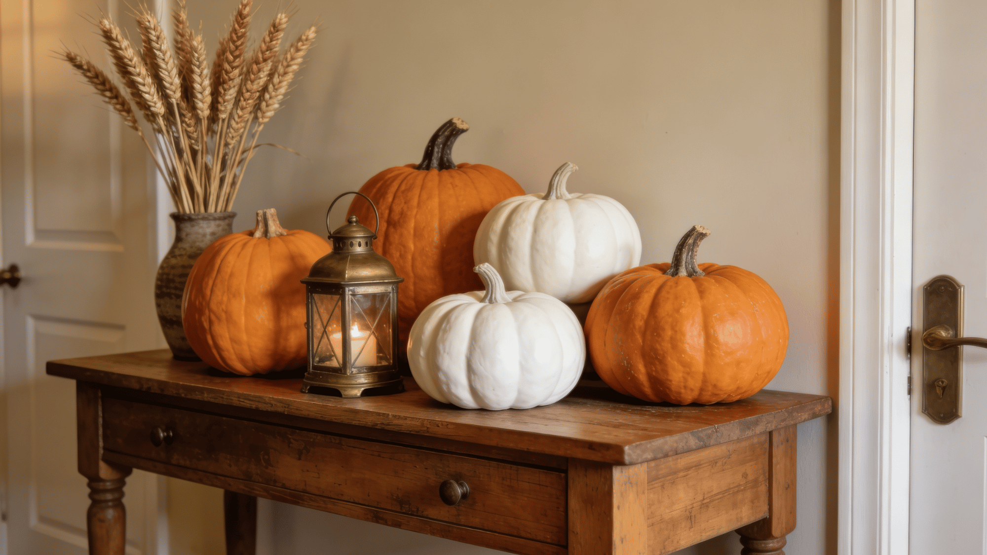 fall pumpkin vignette on entryway console table with lantern and dried stems in warm indoor light