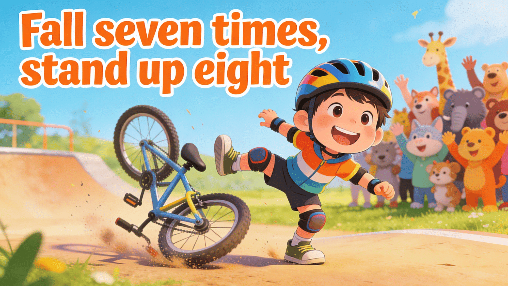 fall seven times stand up eight poster, resilience kids quote, cute bicycle cartoon wall art