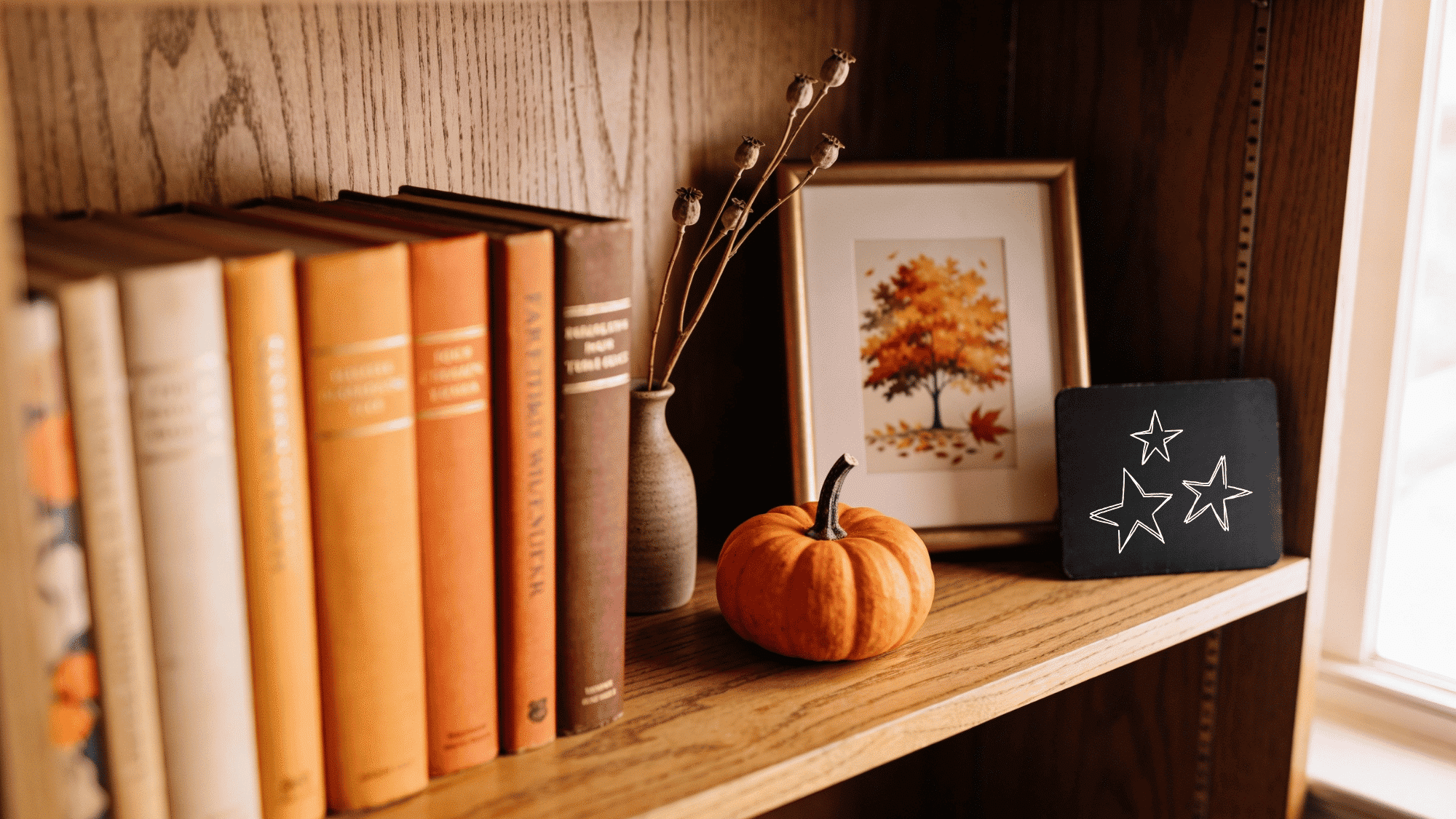 fall styled bookshelf with warm toned books mini pumpkin dried stem bud vase and framed autumn print