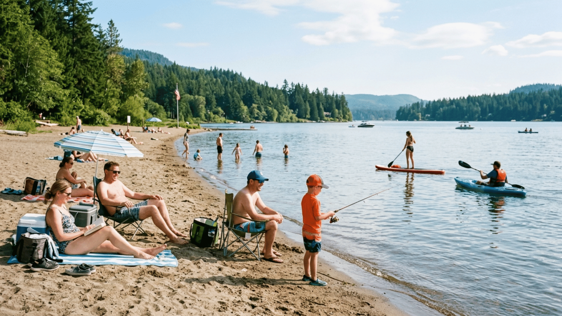 families enjoying swimming kayaking and paddleboarding at a peaceful lake during memorial day weekend