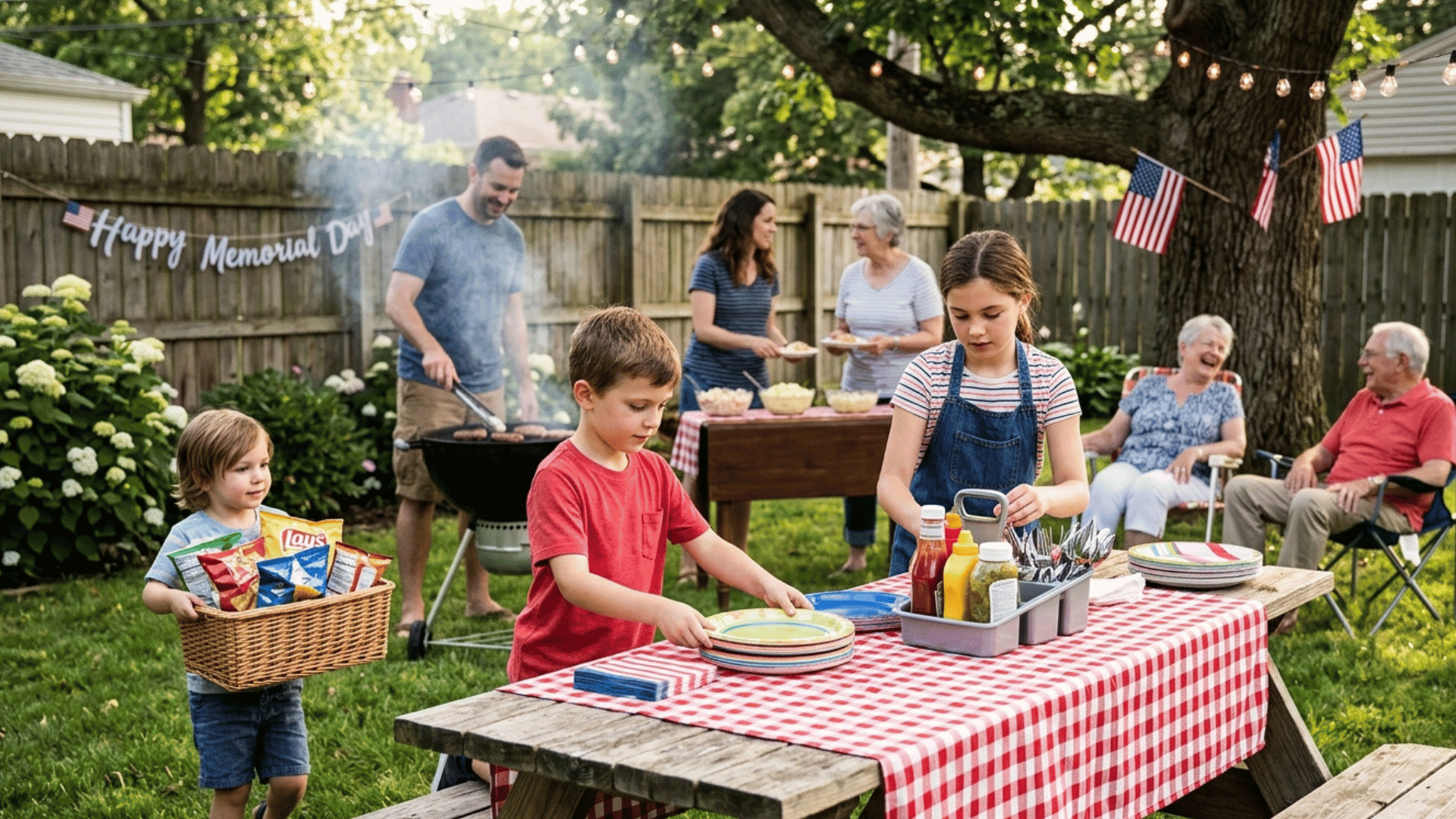 family backyard BBQ with kids setting up table and adults grilling on Memorial Day.