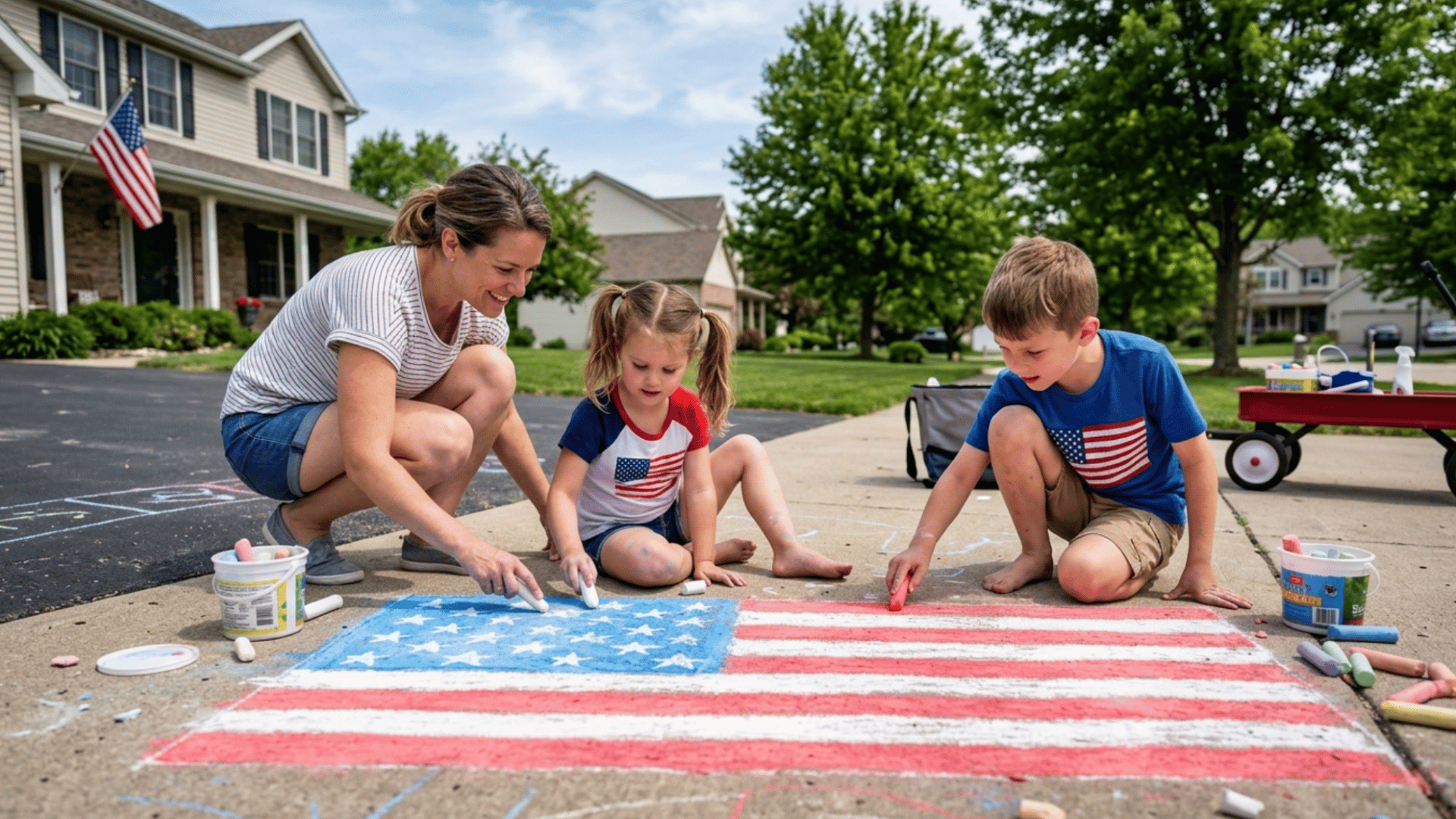 family creating patriotic sidewalk chalk art together on memorial day in a quiet suburban neighborhood