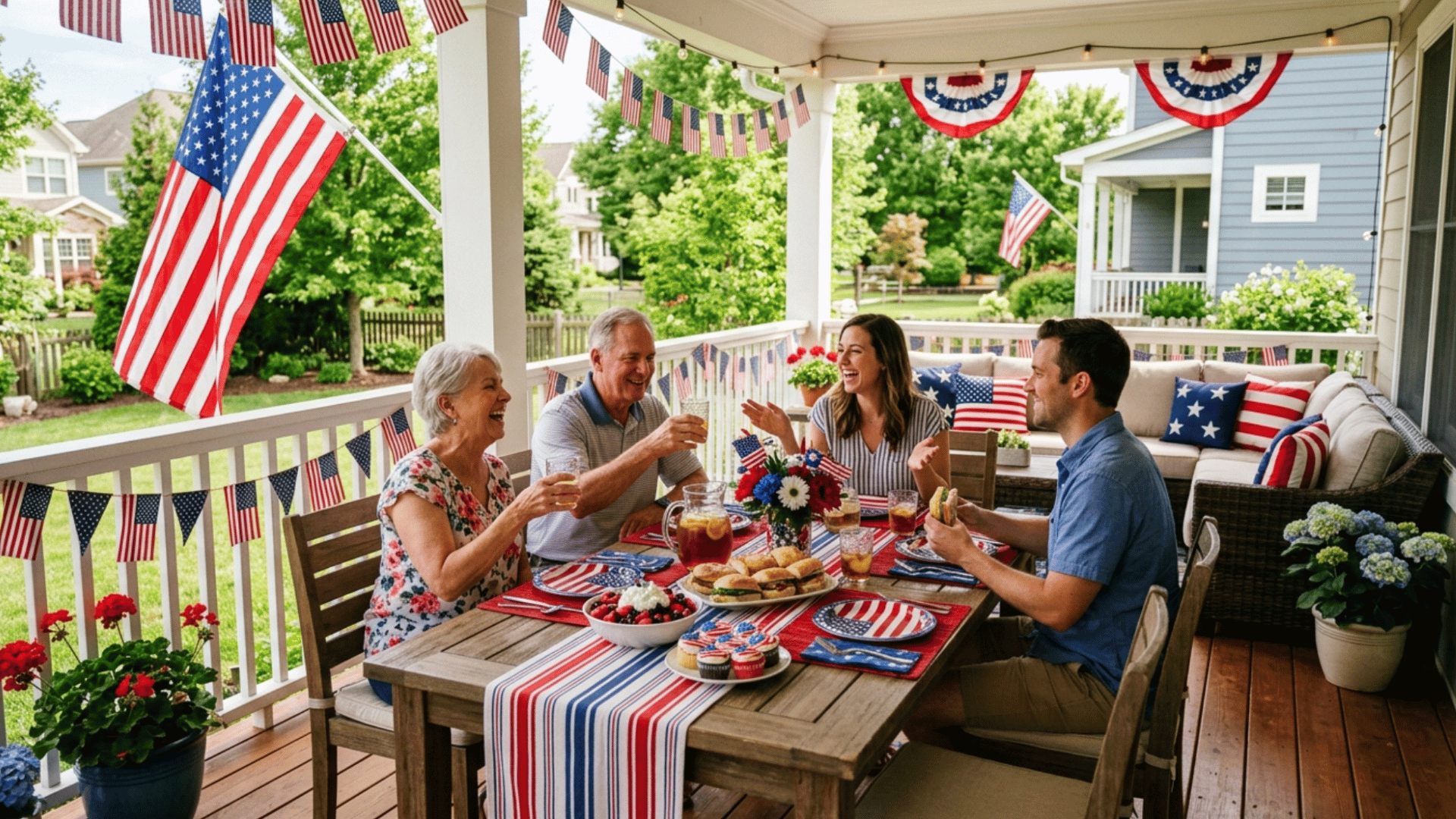 family enjoying a memorial day backyard barbecue with patriotic decorations and outdoor dining setup
